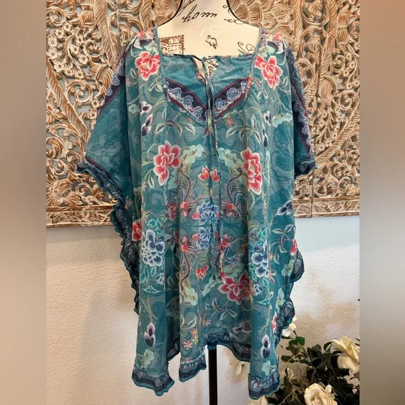 Johnny Was Teal Blue Floral & Birds Lightweight Cotton Ruffle Trim Cover-Up - Picture 1 of 12